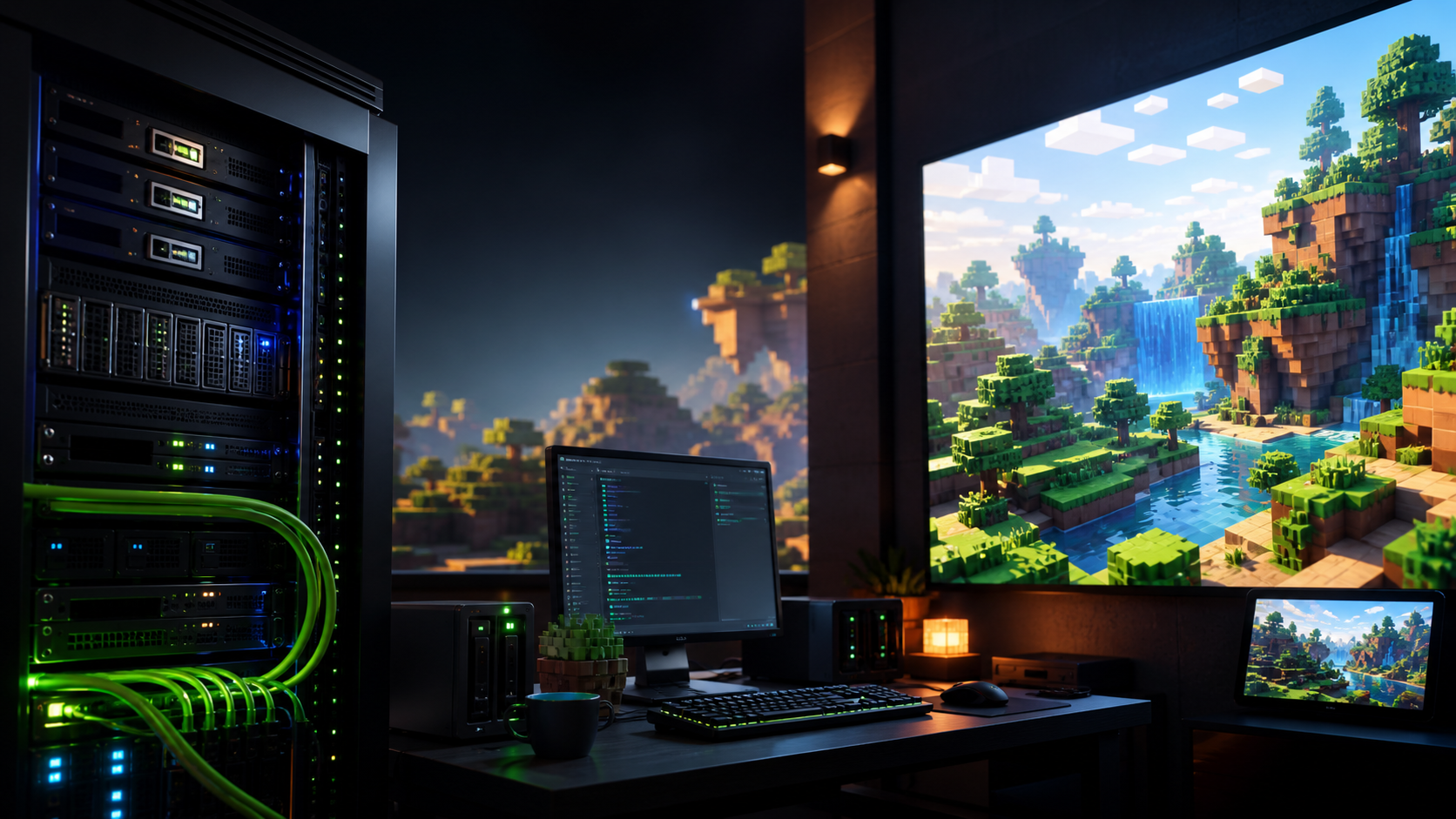 Server rack powering a voxel game world on multiple screens